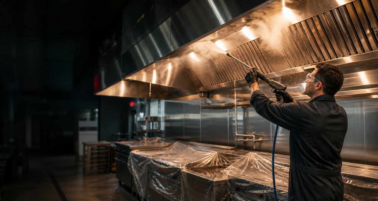 Technician cleaning a stainless steel restaurant exhaust hood